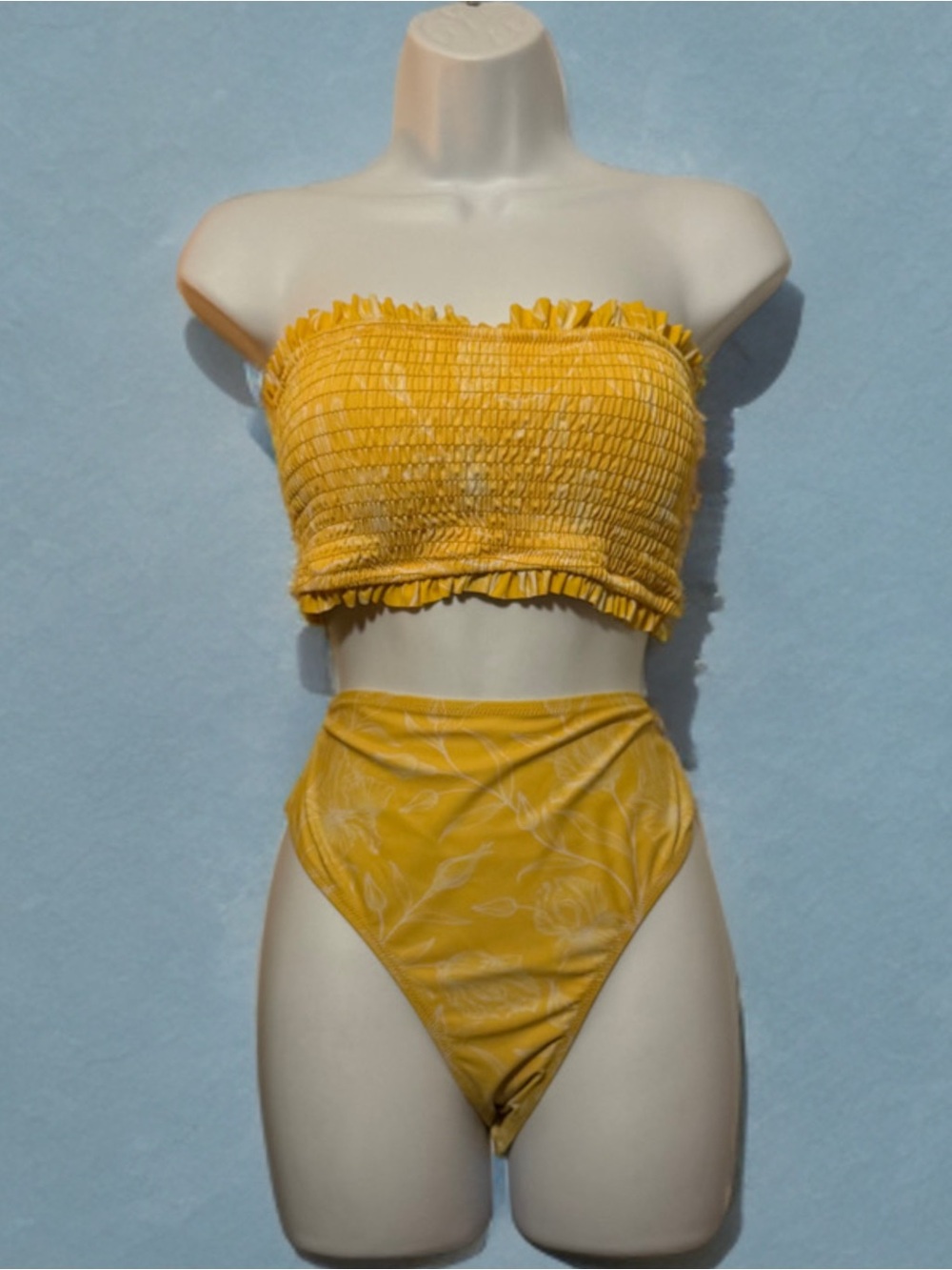 High-Waist Yellow Smocked Bandeau Bikini Set